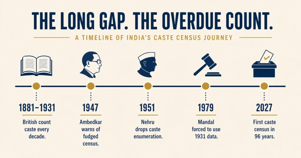 Timeline showing why caste census stopped 1951 and the 96-year data gap until 2027.