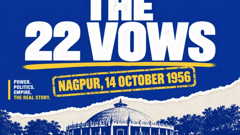 Poster-style graphic on Ambedkar 22 vows: the 14 October 1956 Nagpur ceremony and the full list | बाबासाहेब की 22 प्रतिज्ञाएँ: 14 अक्टूबर 1956 का नागपुर समारोह और पूरी सूची, नेवी-ब्लू पोस्टर ग्राफिक