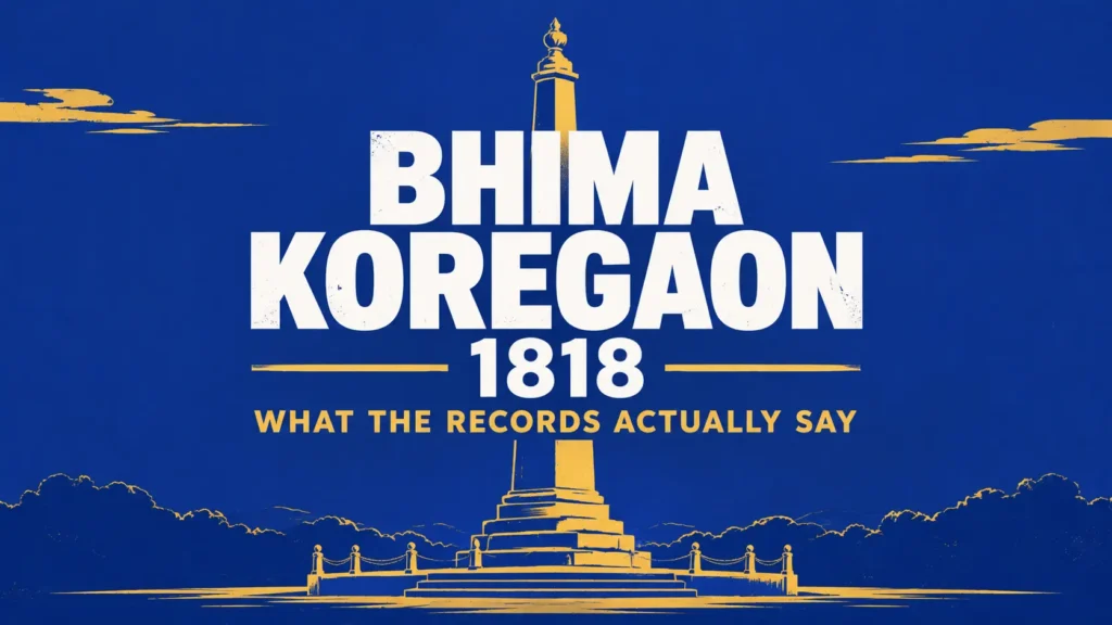 Poster graphic on the battle of bhima koregaon 1818 showing the Vijay Stambh victory pillar in navy and gold. | भीमा कोरेगांव की लड़ाई 1818 पर नेवी और गोल्ड रंग का पोस्टर जिसमें विजय स्तंभ दिखाया गया है।