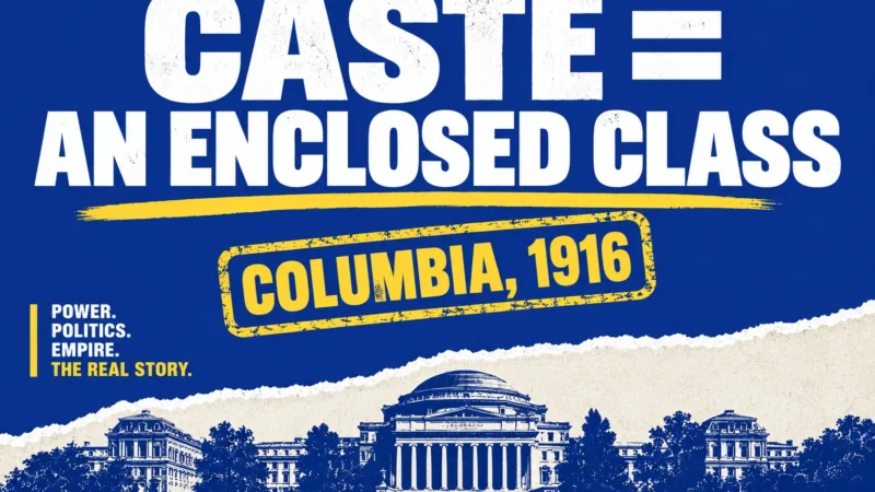 Poster-style graphic on Ambedkar Castes in India: the 1916 Columbia paper and the endogamy theory | अंबेडकर कास्ट्स इन इंडिया पर नेवी-ब्लू पोस्टर स्टाइल ग्राफिक: 1916 का कोलंबिया पेपर और अंतर्विवाह का सिद्धांत