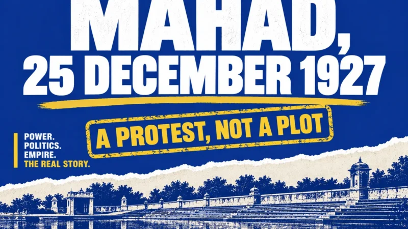 Poster-style graphic for Manusmriti Dahan Din: Mahad, 25 December 1927, and why it was a protest | मनुस्मृति दहन दिवस पर नेवी-ब्लू पोस्टर स्टाइल ग्राफिक: महाड़, 25 दिसंबर 1927, एक विरोध, साज़िश नहीं