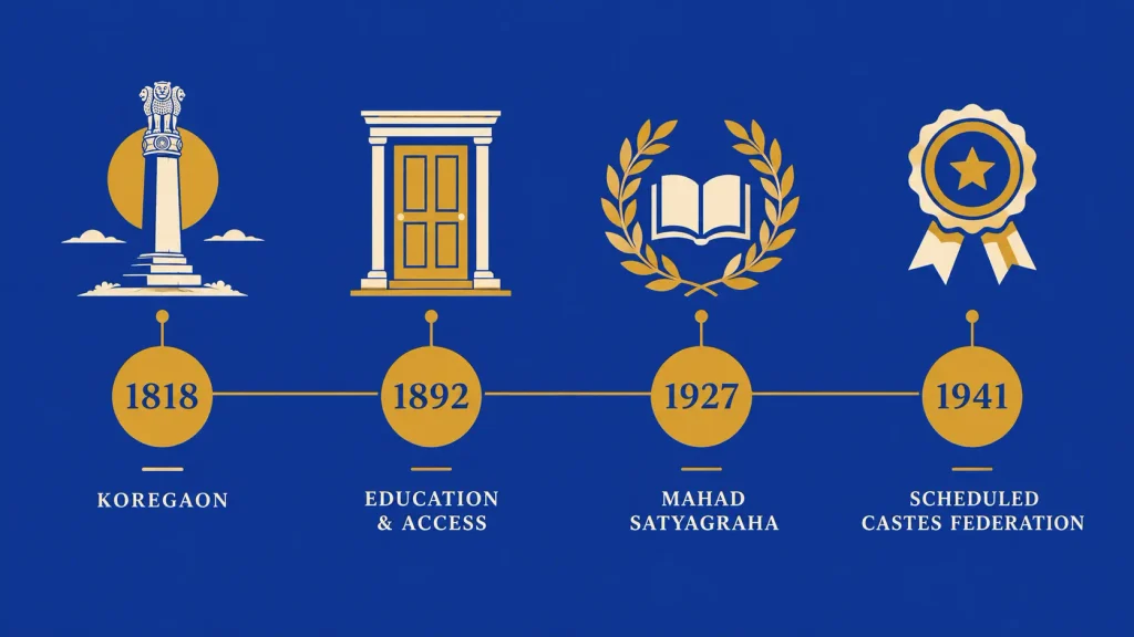 Timeline graphic of the battle of bhima koregaon from 1818 to the Mahar Regiment's founding in 1941. | भीमा कोरेगांव की लड़ाई से 1941 की महार रेजिमेंट तक की टाइमलाइन का ग्राफिक।
