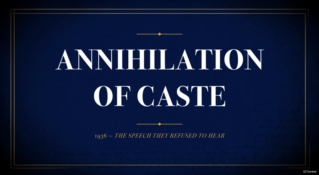Navy and gold poster with annihilation of caste explained headline marking the 1936 cancelled speech | जाति का विनाश किताब पर नेवी और गोल्ड पोस्टर, 1936 के रद्द भाषण की जानकारी